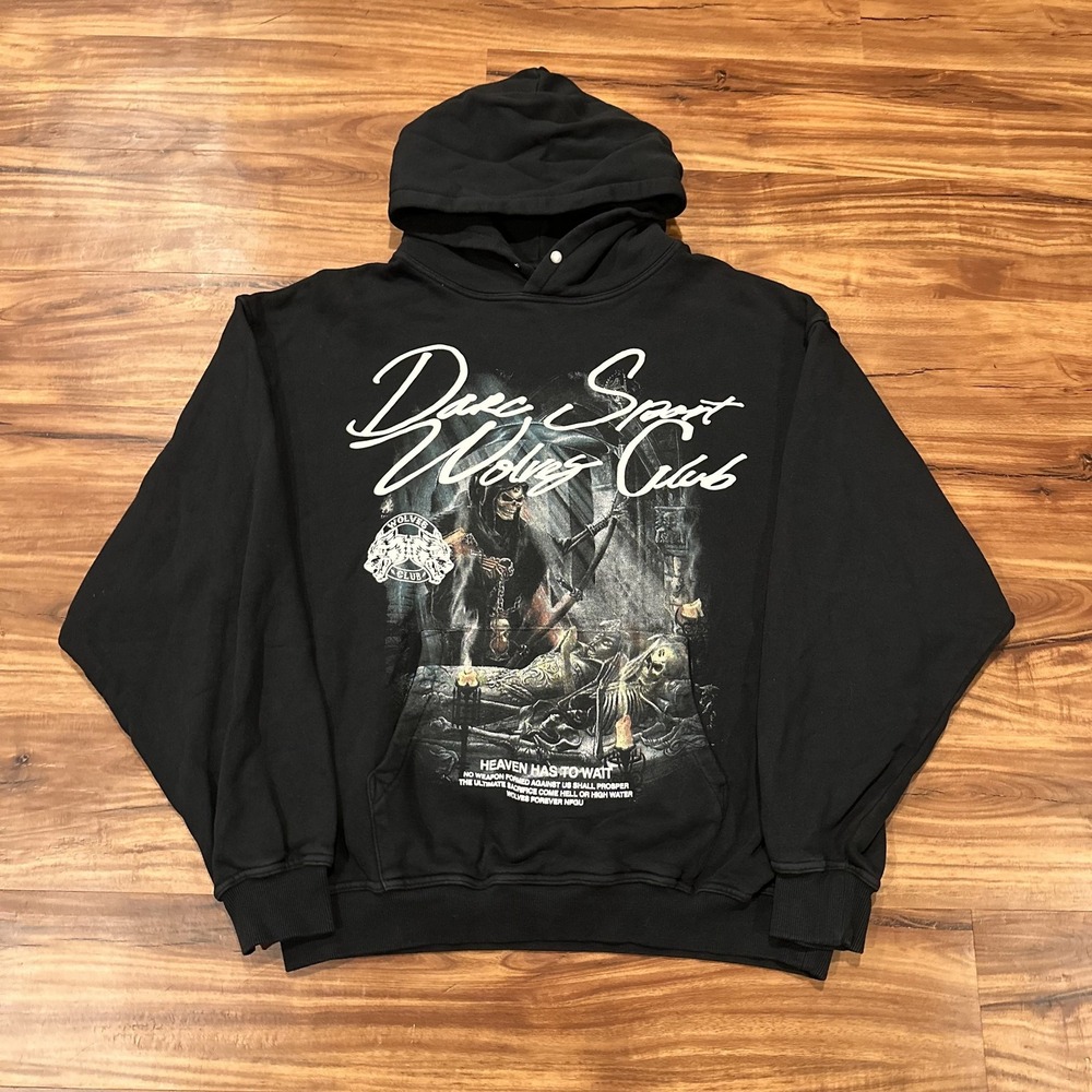 Darc Sport Hoodie Mens Large Black Wolves Club Heaven Has To Wait Graphic Fleece